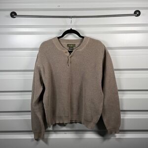 Eddie Bauer Mens Henley Sweater Large Taupe Brown 100% Cotton Ribbed Knit L